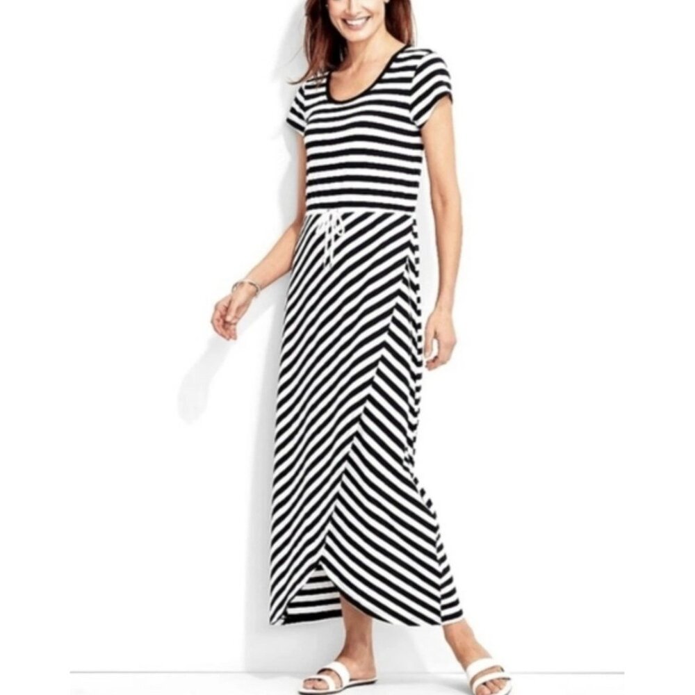 T by Talbots Size LP Black & White Scoop Neck Short Sleeve Midi Striped Dress - Picture 1 of 7